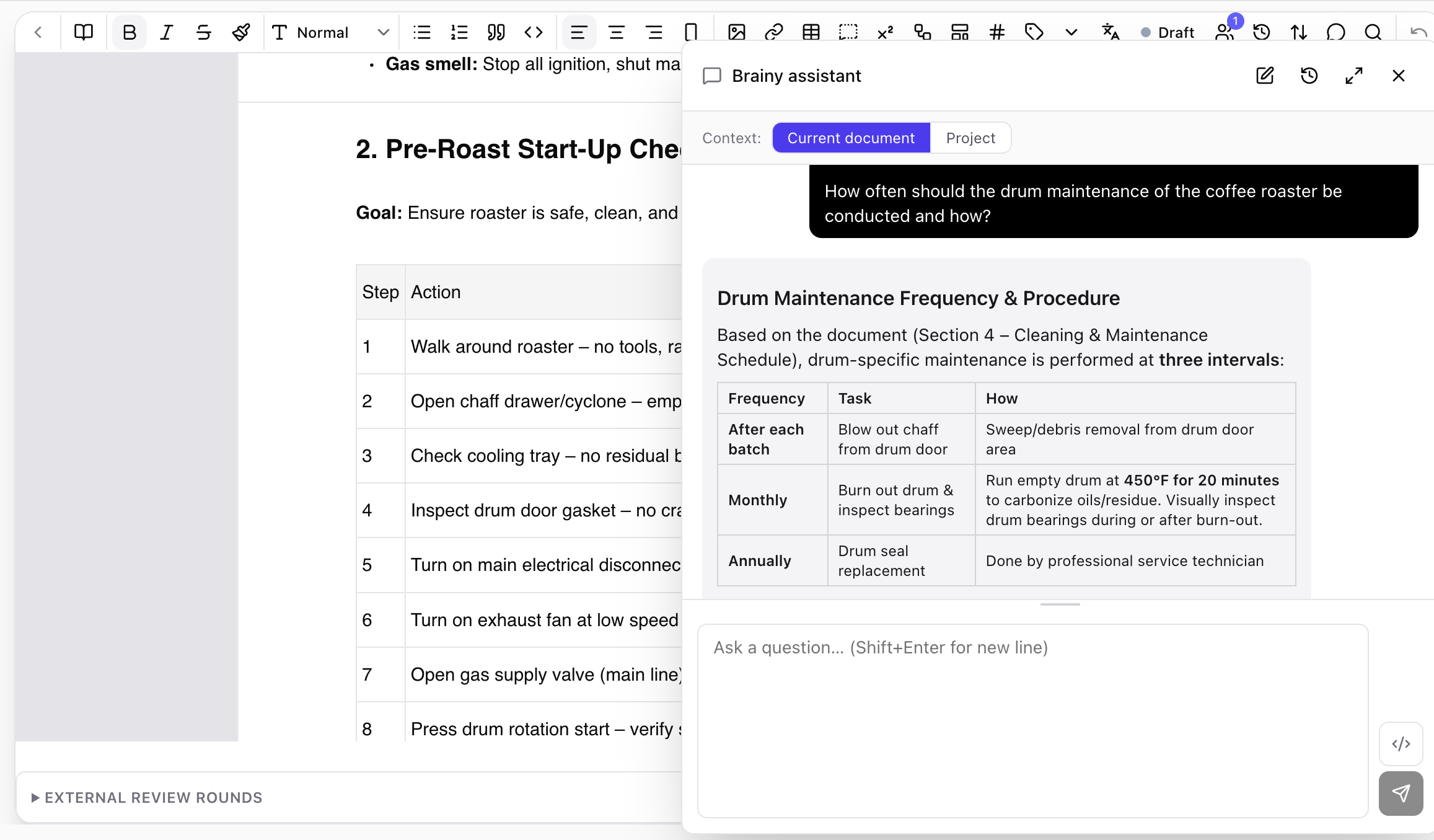 Document with the Brainy assistant panel open. A question 'How often should drum maintenance be conducted?' has an answer with a Frequency/Task/How table cited from Section 4 — Cleaning & Maintenance Schedule.