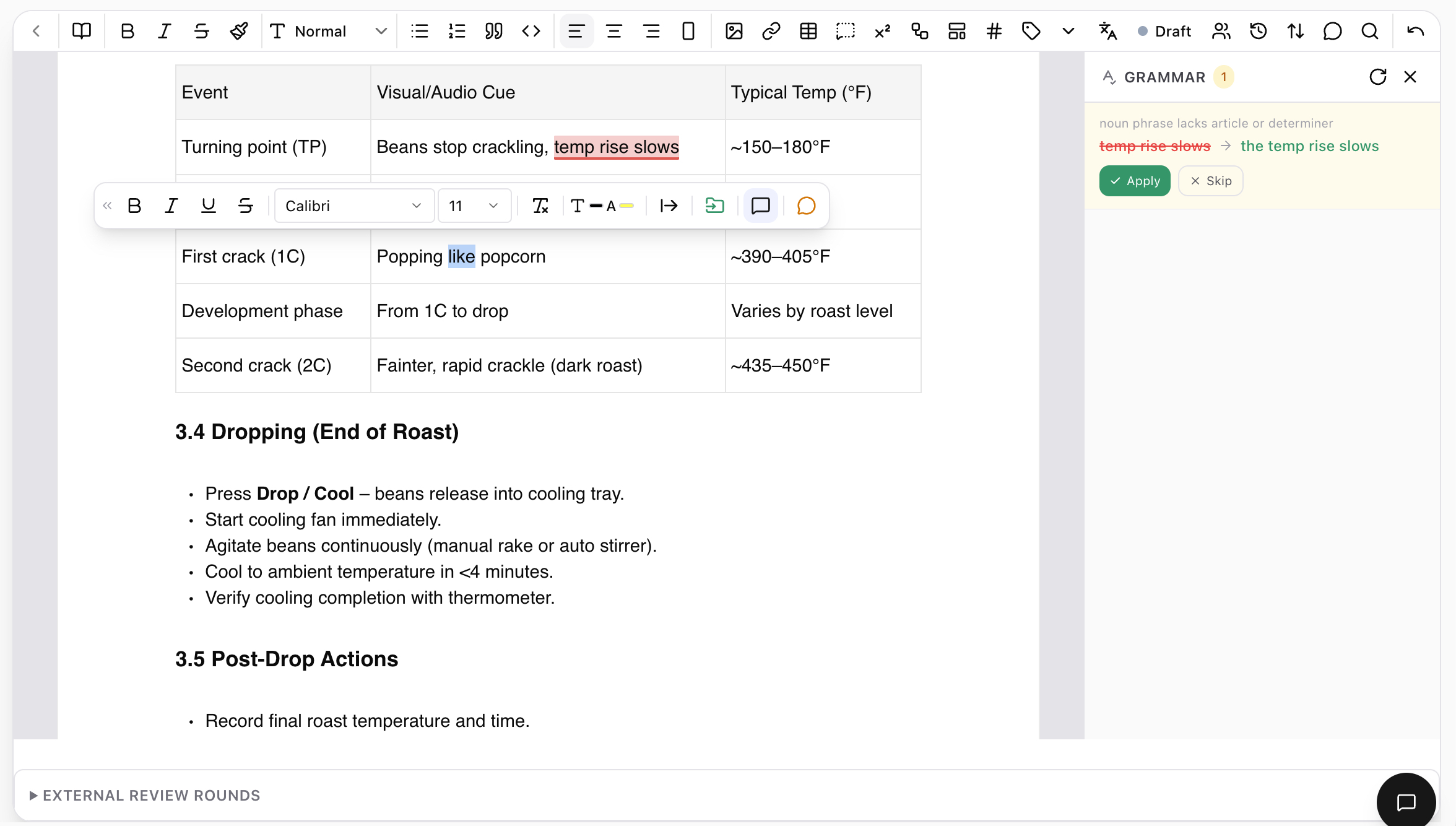 Editor view of a phase-change table inside an SOP, with a sidebar grammar suggestion 'noun phrase lacks article or determiner — temp rise slows → the temp rise slows' with Apply and Skip buttons.