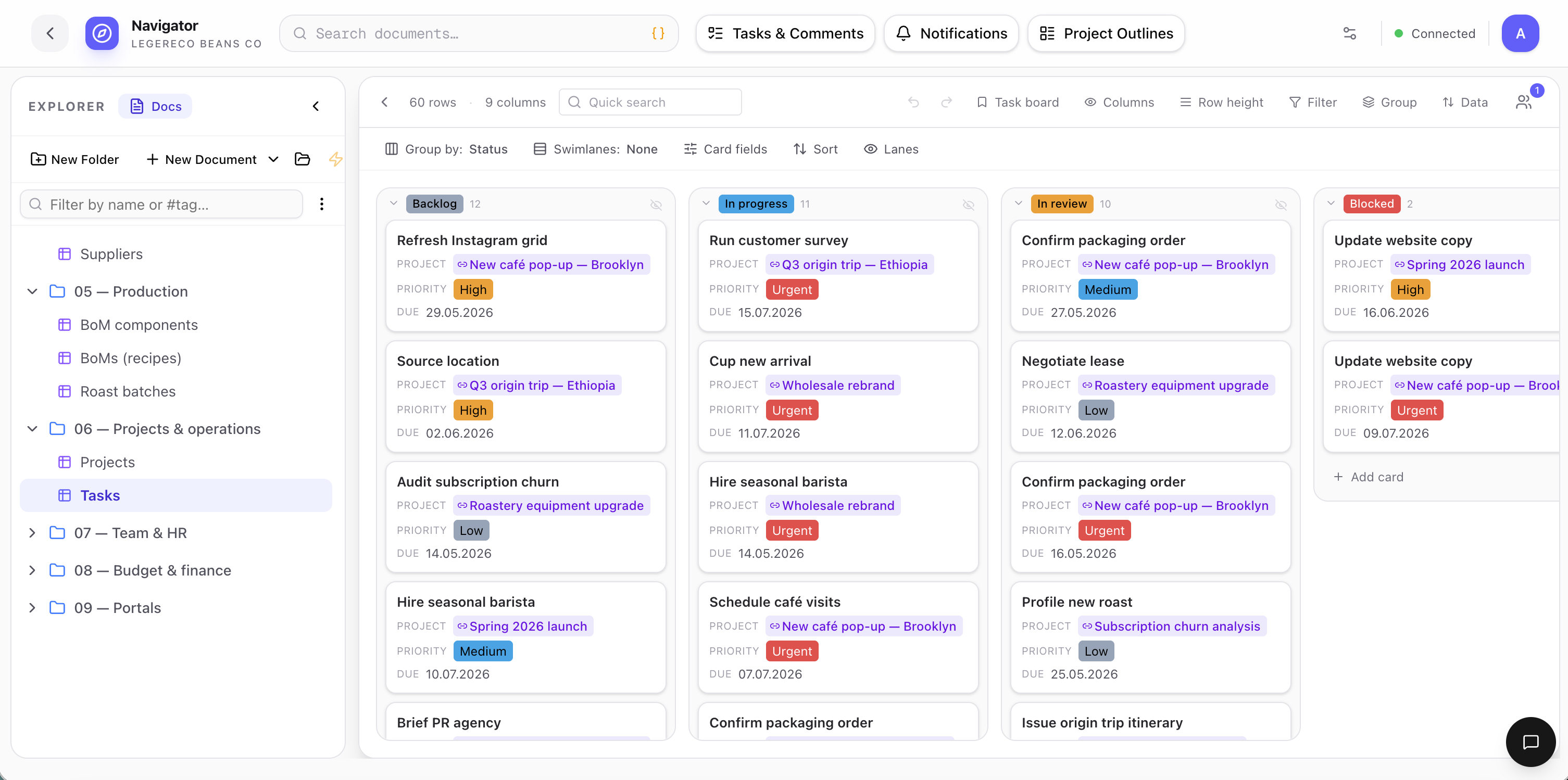 Tasks kanban board with status columns.